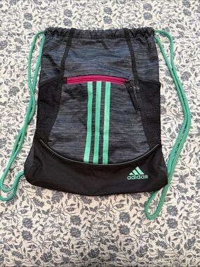 adidas Black Gym Sack with Teal Stripes and Pink Zip